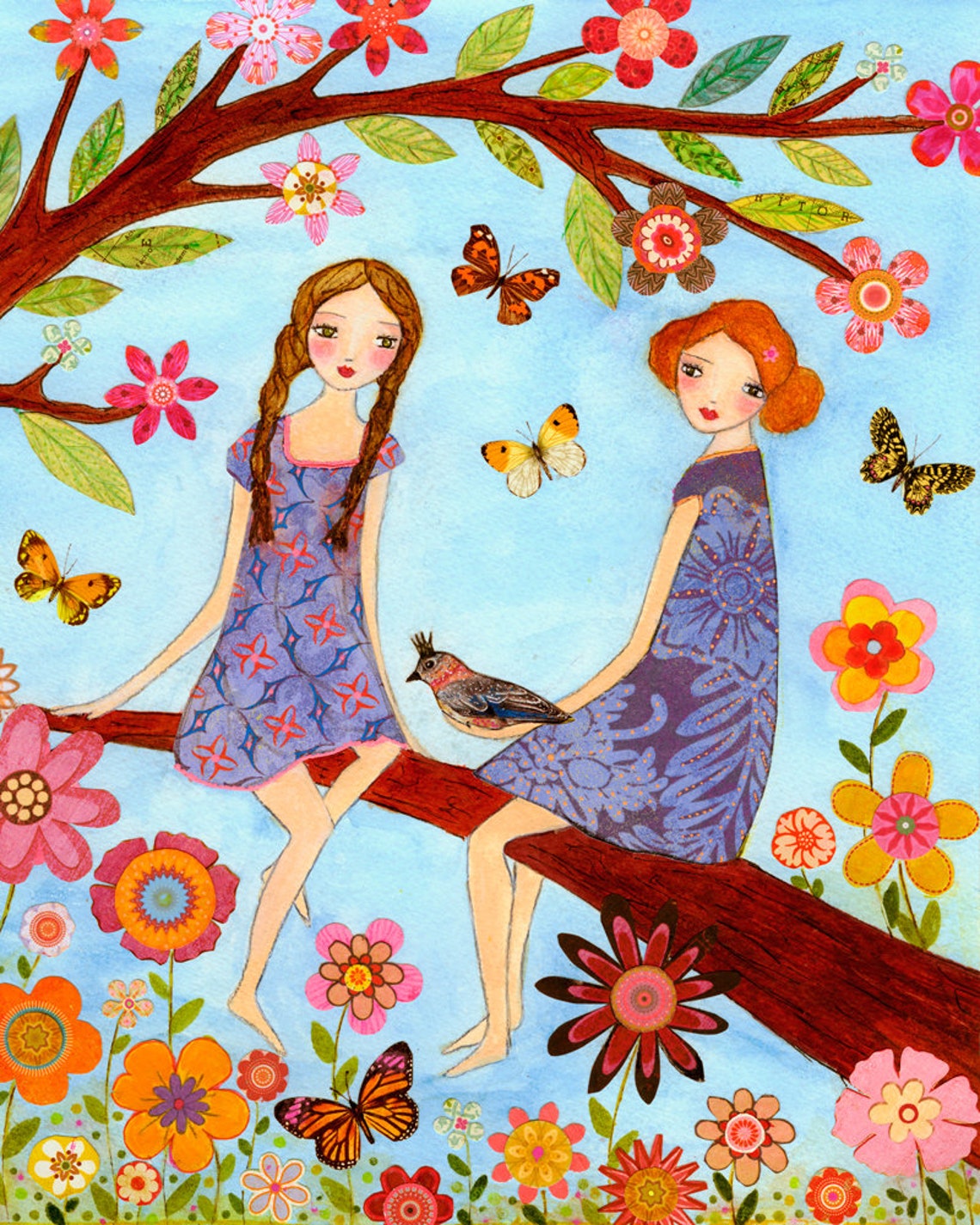 Two Sisters Sitting on a Flowering Branch in a Summer Poster