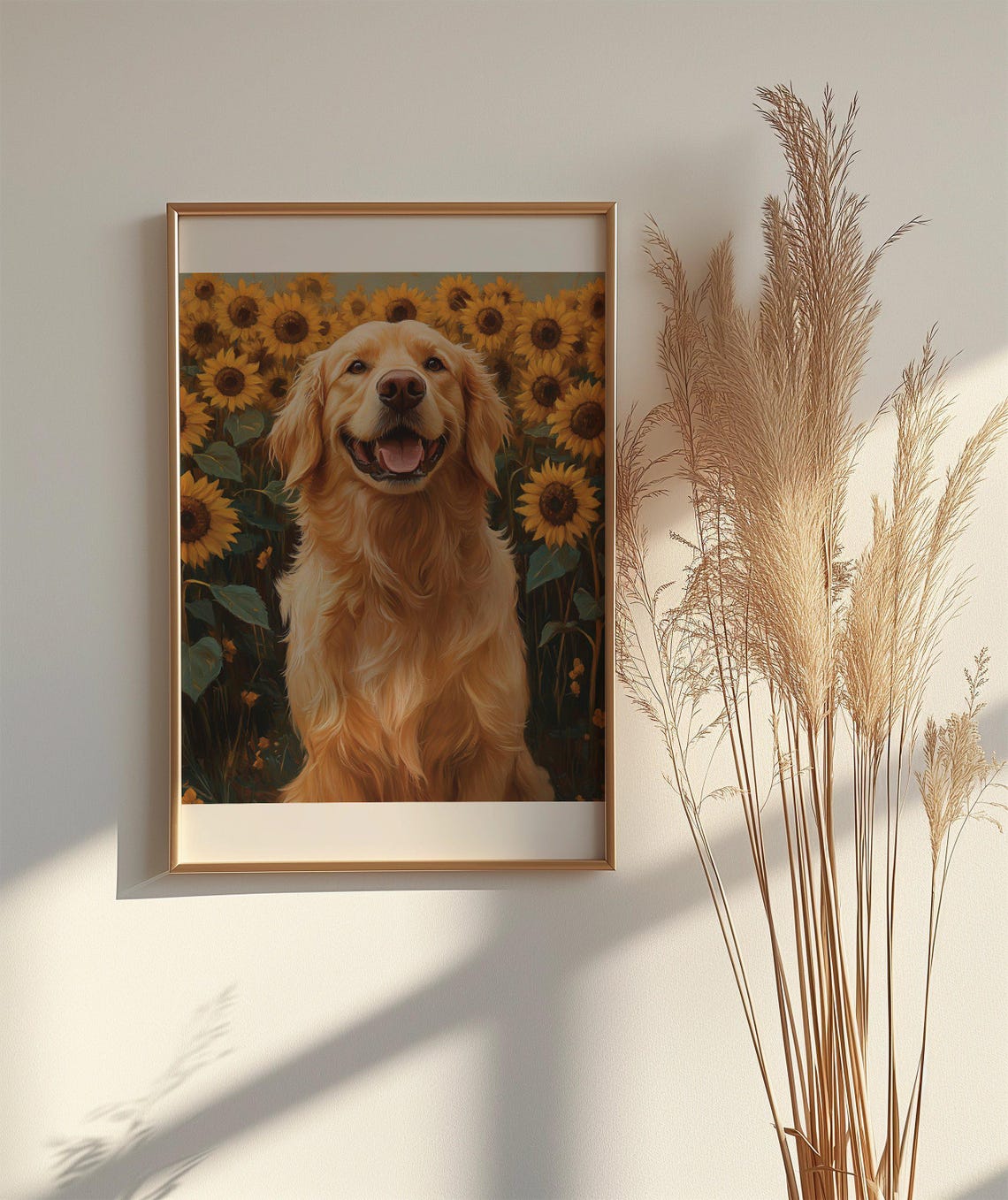 Joyful Golden Retriever Smiling in Sunflower Field Art Poster - Image 2