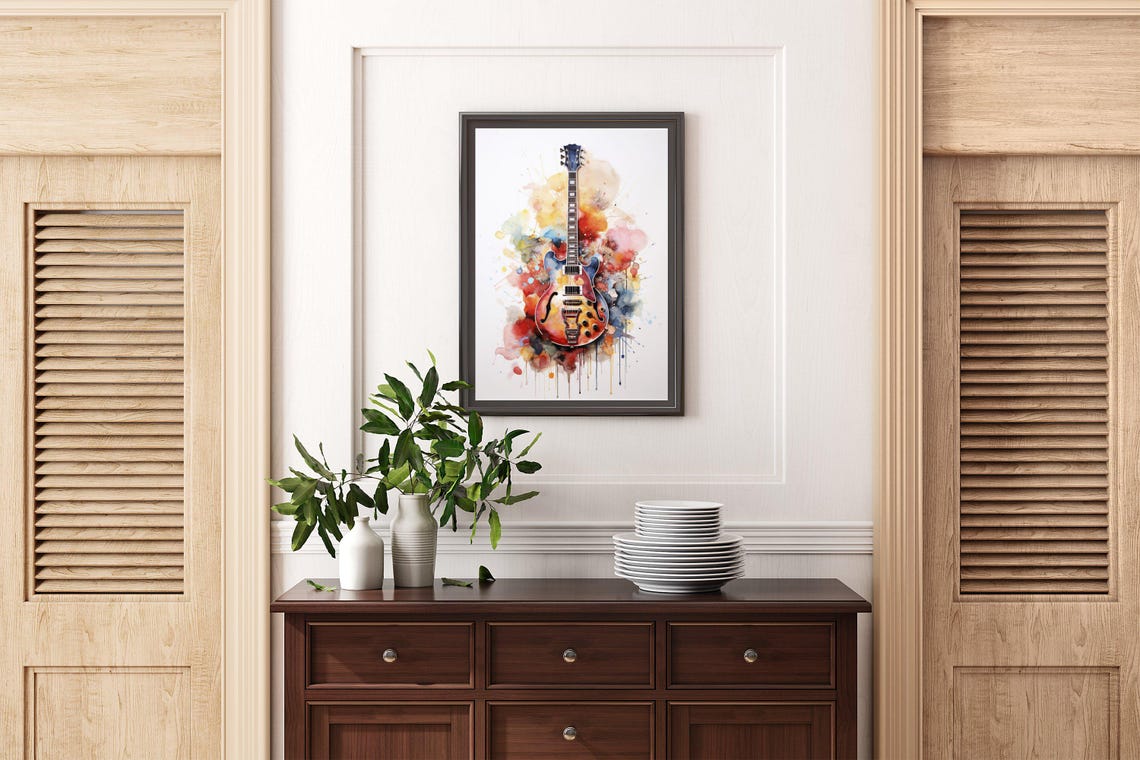 Watercolor Electric Guitar Bursting From Rainbow Paint Splashes Poster - Image 2
