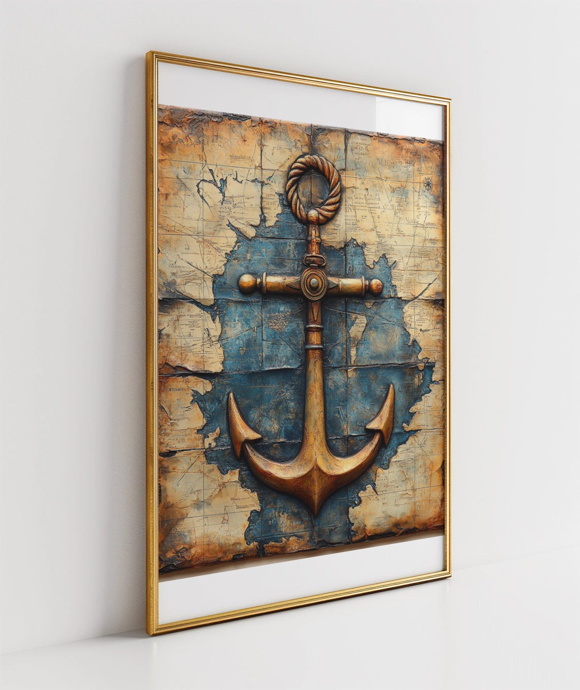 Bronze Anchor Over Vintage Map Poster With Weathered Nautical Style - Image 3