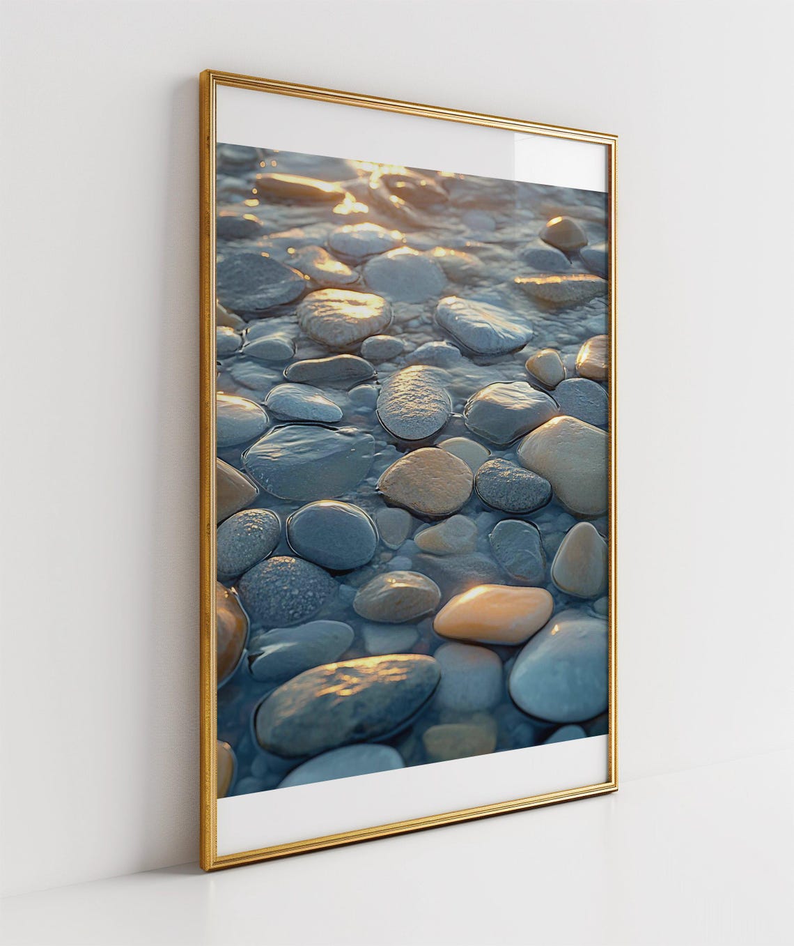 Golden Sunlight Glowing on Smooth Wet Pebbles Coastal Art Poster - Image 3
