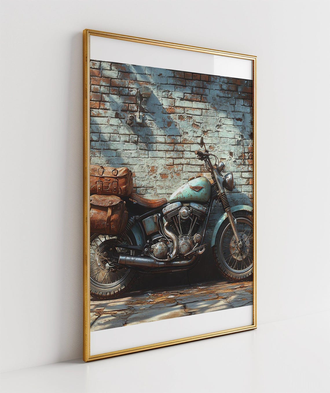Vintage Teal Motorcycle Poster Rustic Brick Wall Retro Bike Decor - Image 3
