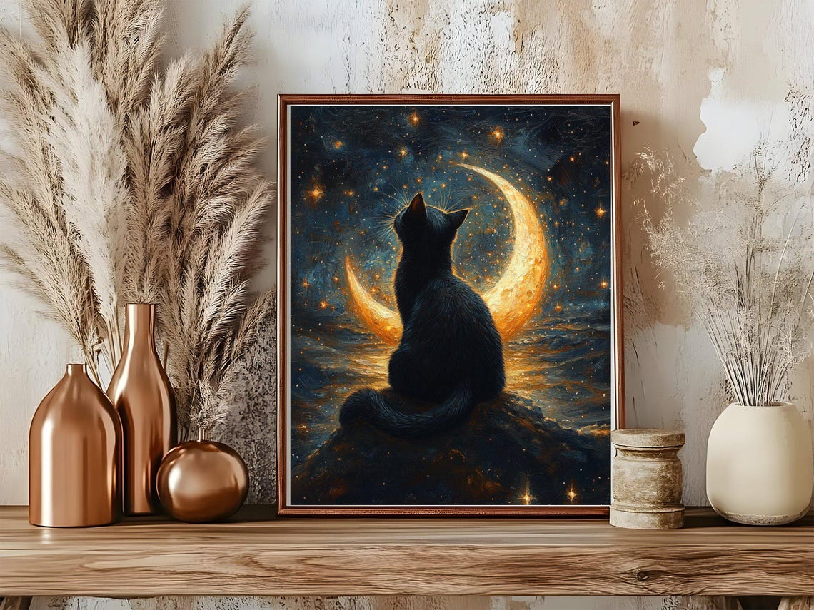 Black Cat Beneath a Glowing Crescent Moon Over the Night Ocean Poster - Image 5