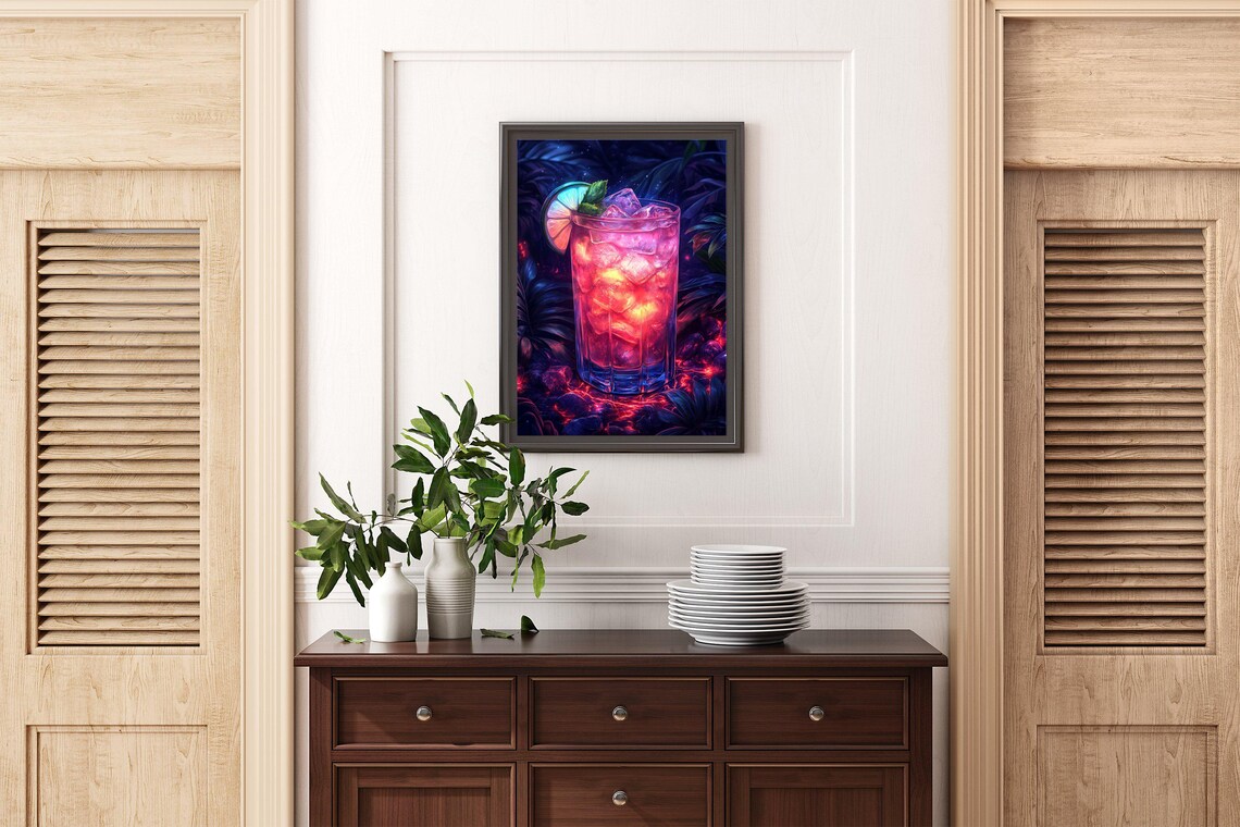 Neon Pink Cocktail With Lime Slice Glowing in a Tropical Night Poster - Image 2