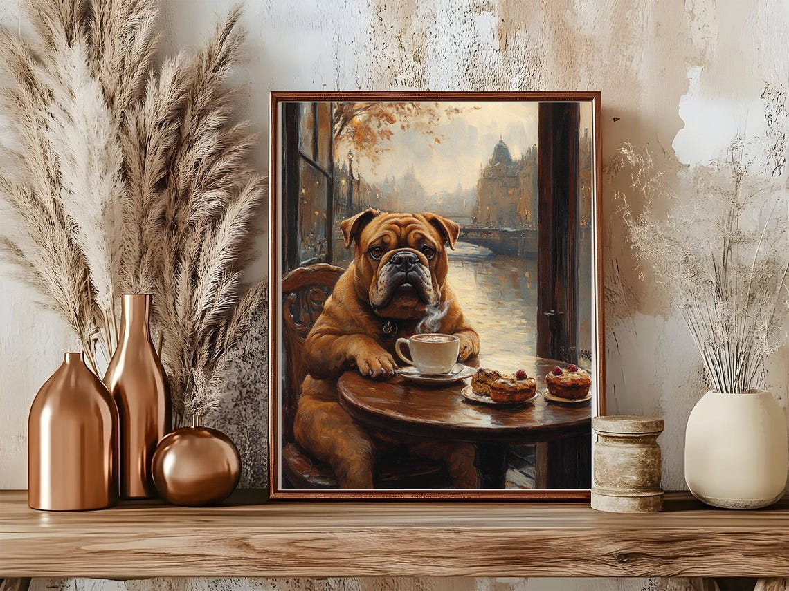 English Bulldog Enjoying Coffee Break at Paris Bistro Art Poster - Image 5