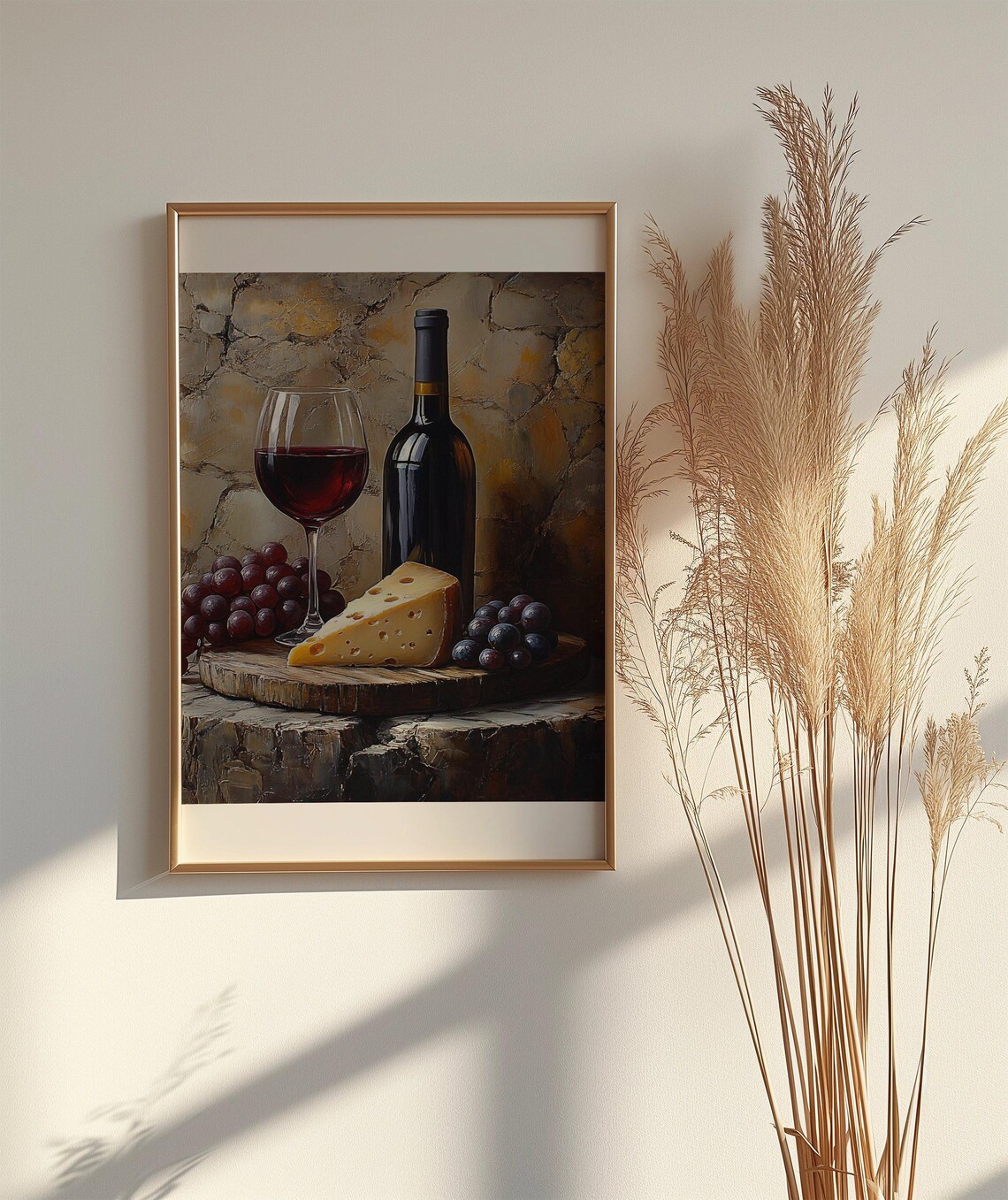 Red Wine Bottle and Glass Cheese Grapes Still Life Painting Poster - Image 2
