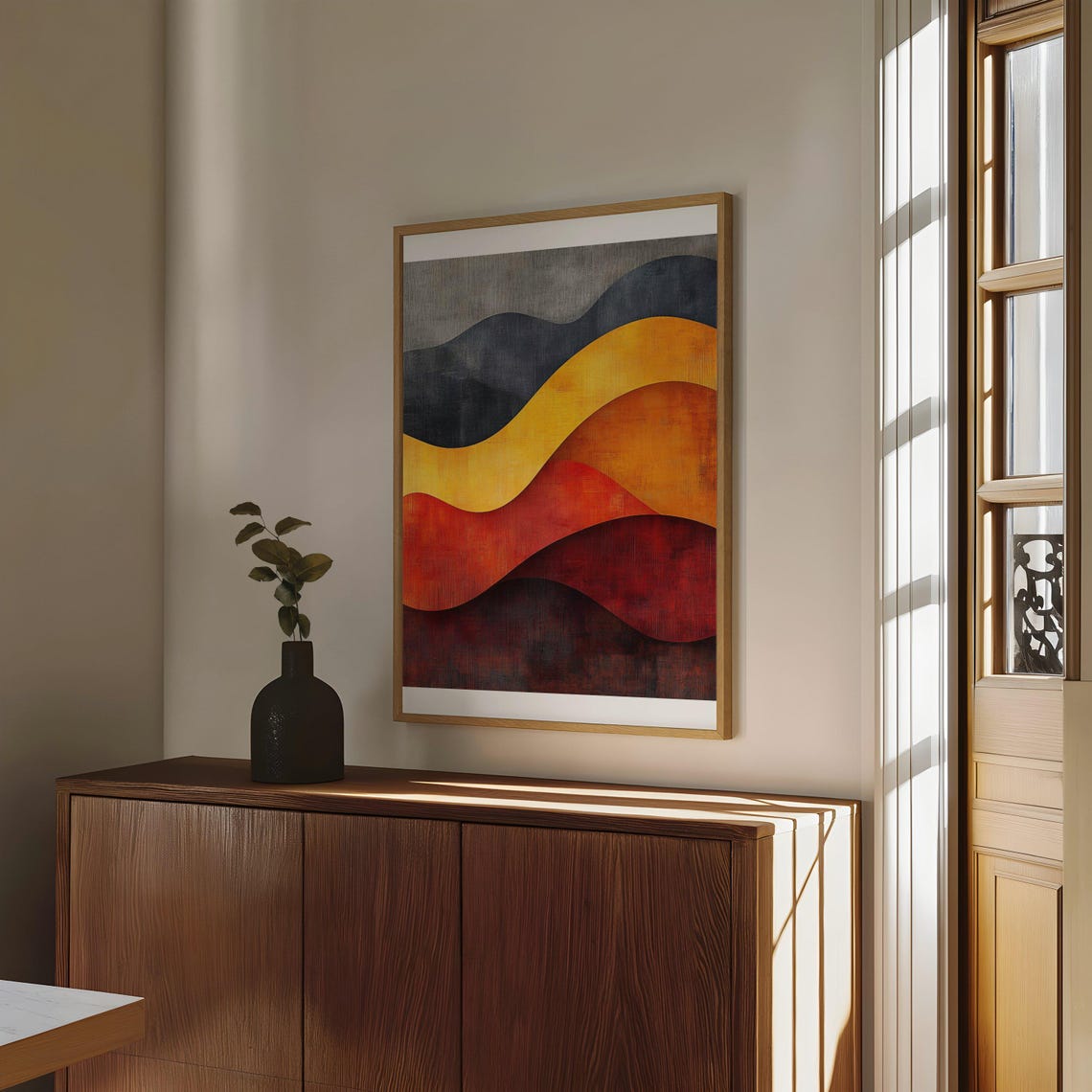 Abstract Layered Waves Poster With Navy Gold and Sunset Red Bands - Image 4