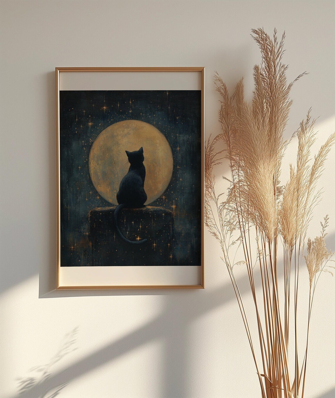 Black Cat Silhouette Gazing at a Golden Full Moon in a Starry Sky Poster - Image 2