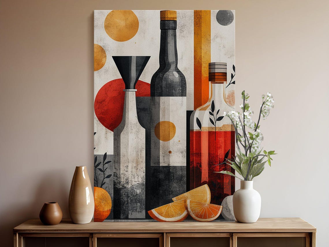 Abstract Cubist Bottle Poster With Citrus in Warm Modern Style - Image 5
