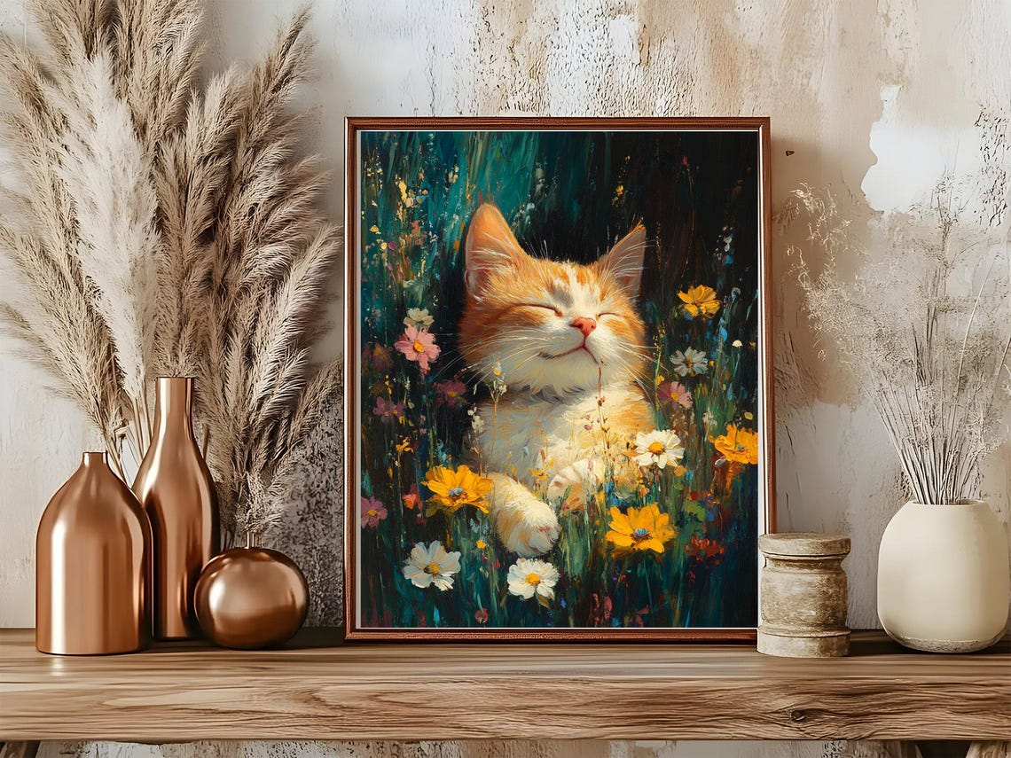 Happy Kitten Among Wildflowers Poster With Impressionist Style - Image 5
