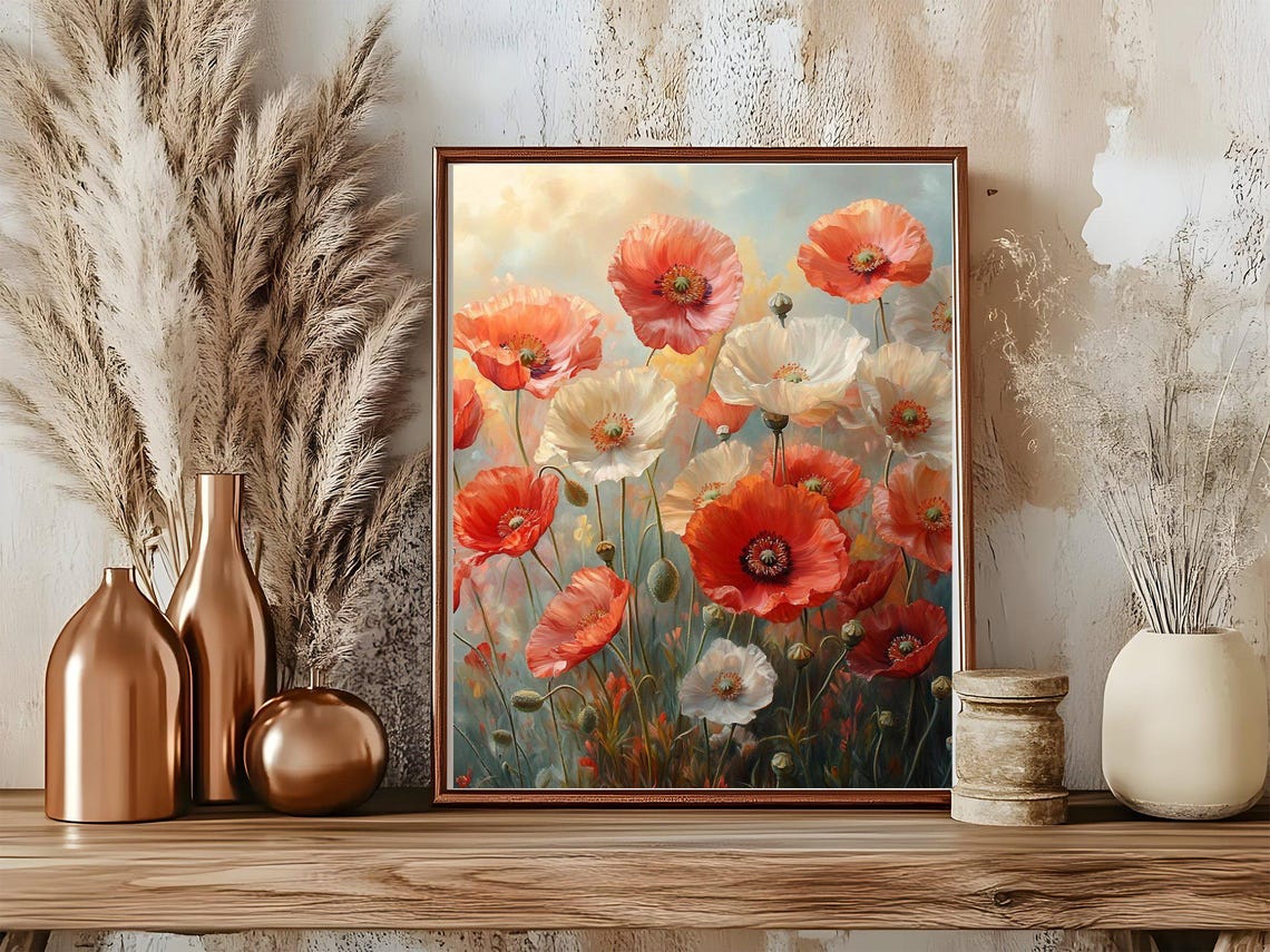 Red Poppy Field With White Wildflowers Botanical Nature Poster - Image 4
