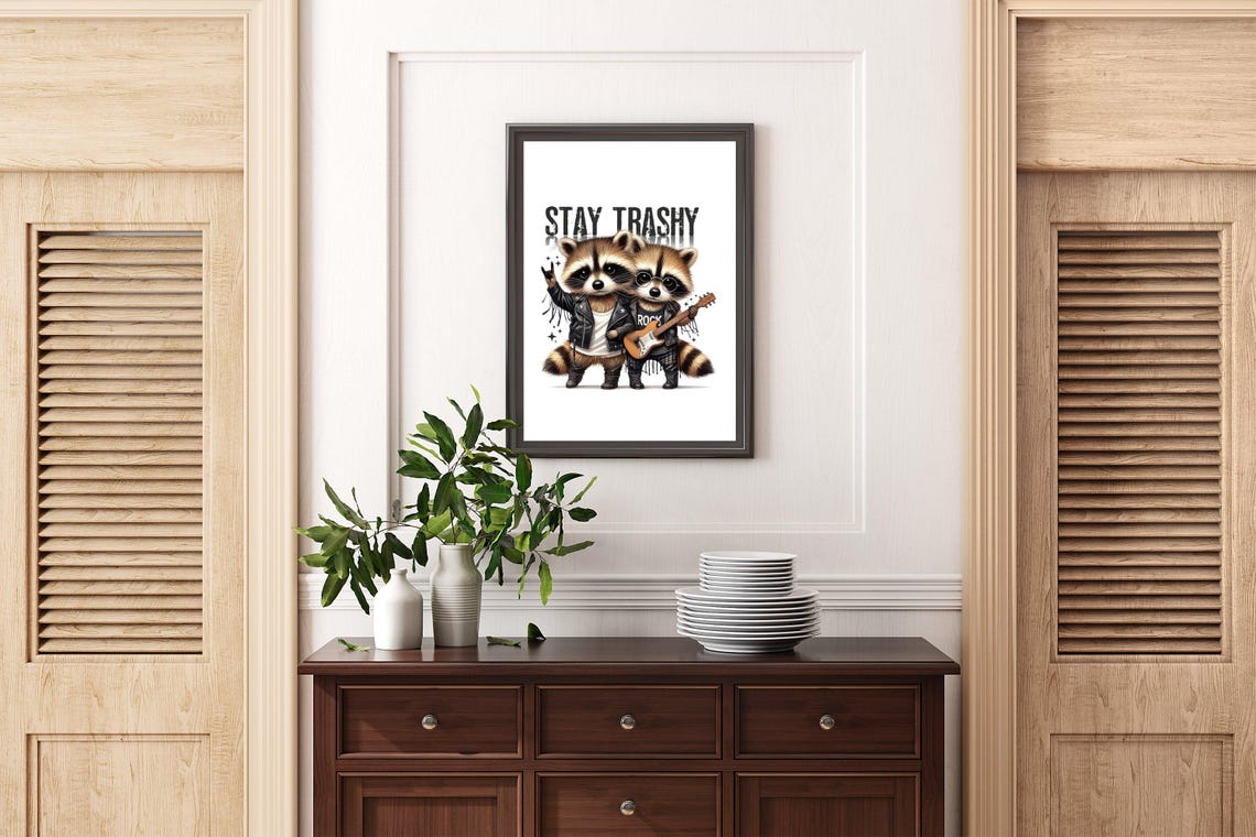 Stay Trashy Rocker Raccoons in Leather Jackets With Guitar Poster - Image 3