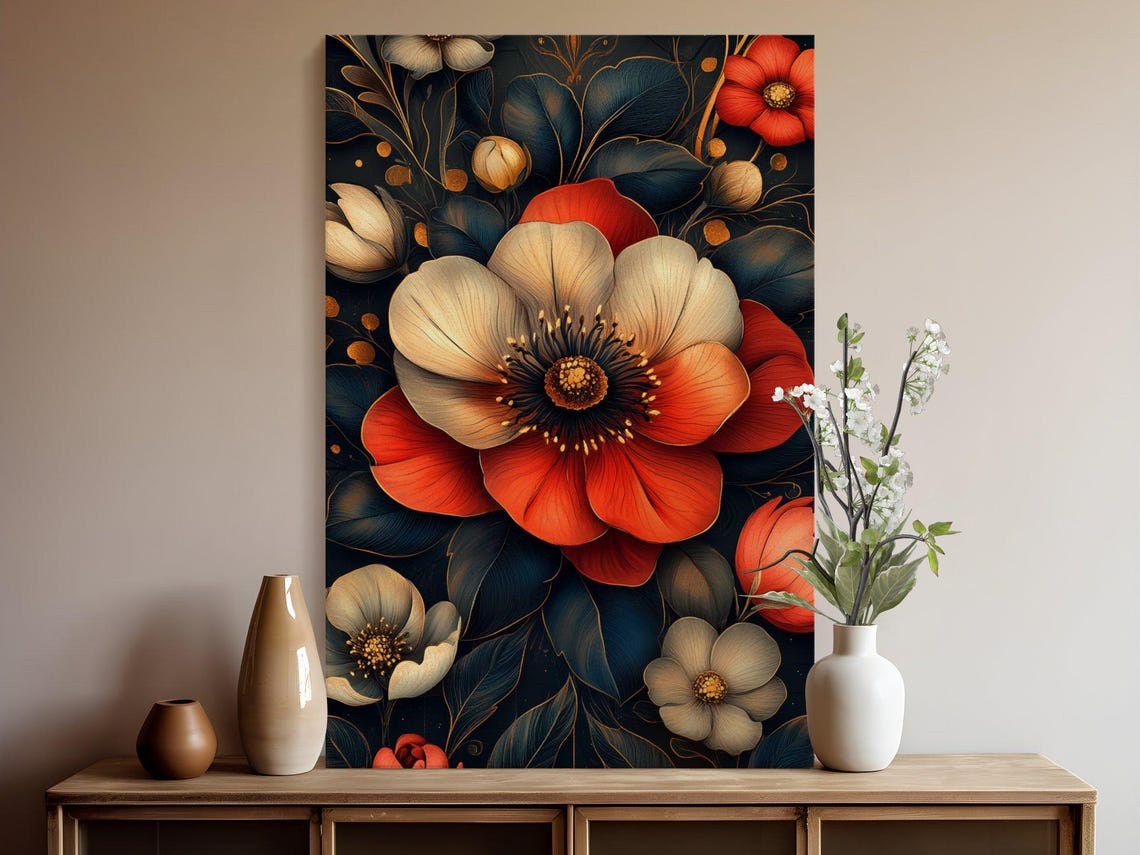 Moody Red And White Flowers On Dark Botanical Floral Wall Art - Image 5