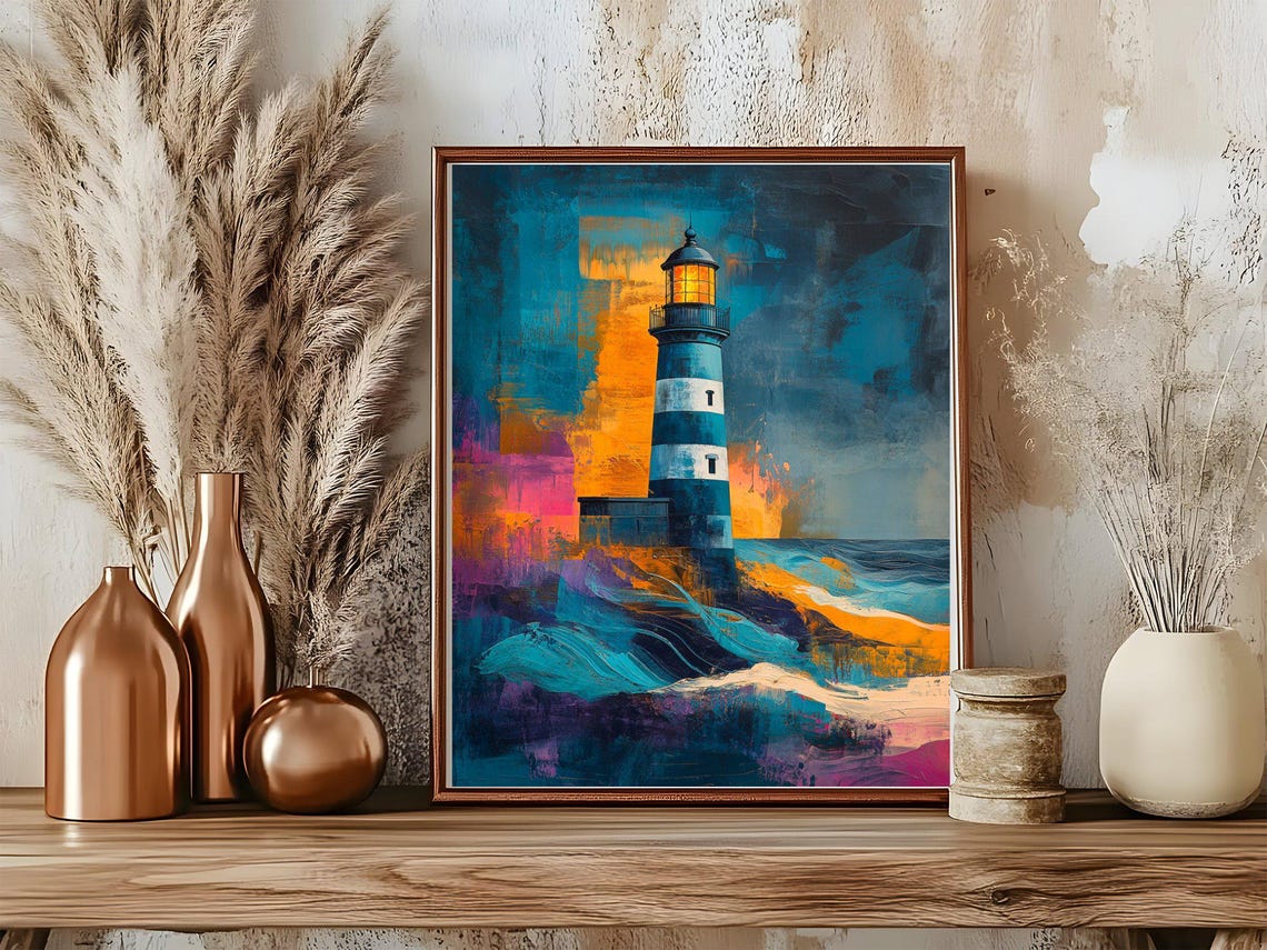Lighthouse Wall Art Print Ocean Seascape Artwork Colourful Coastal Dcor Nautical Lighthouse Painting Coastal Wall Art Poster Sea Life - Image 5