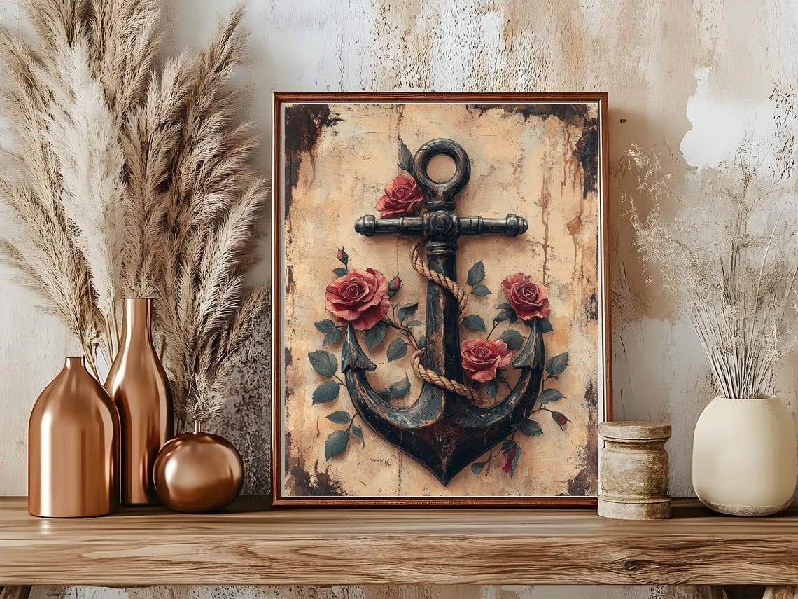 Vintage Anchor and Roses Poster With Rustic Nautical Charm and Rope - Image 5