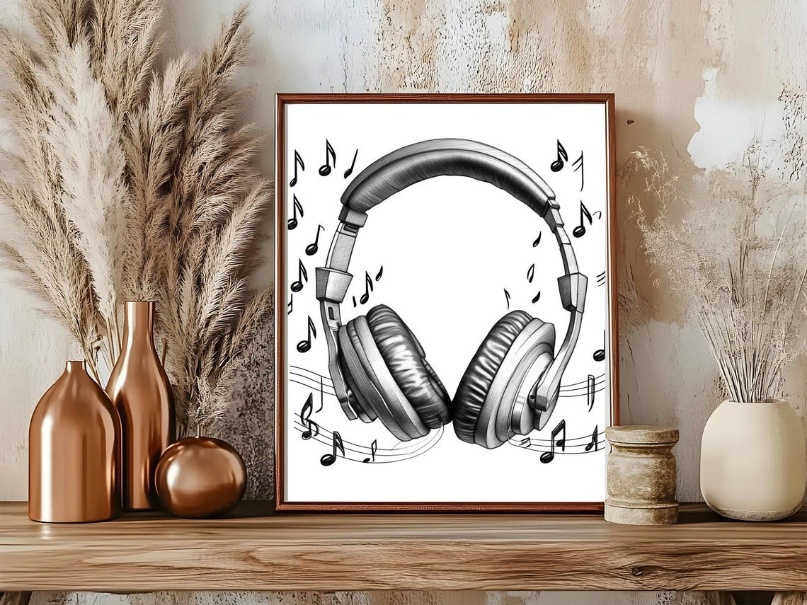 Headphones With Music Notes Black White Music Lover Sketch Poster - Image 5