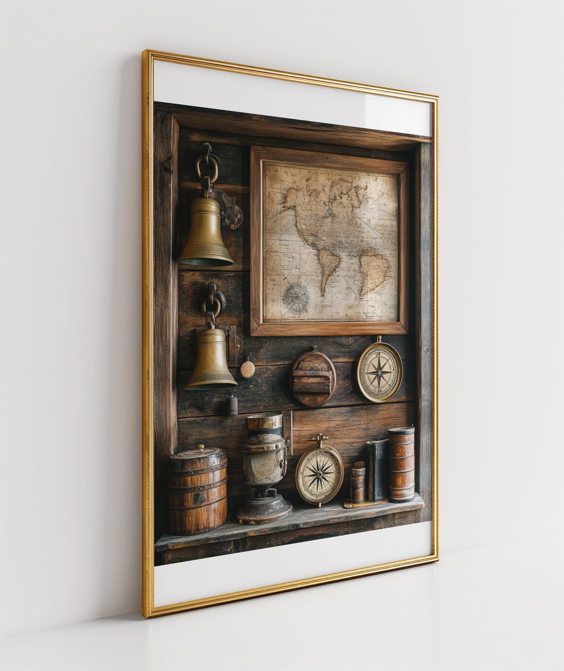 Antique Nautical Shelf with Bells Compass and Map Art Poster - Image 3