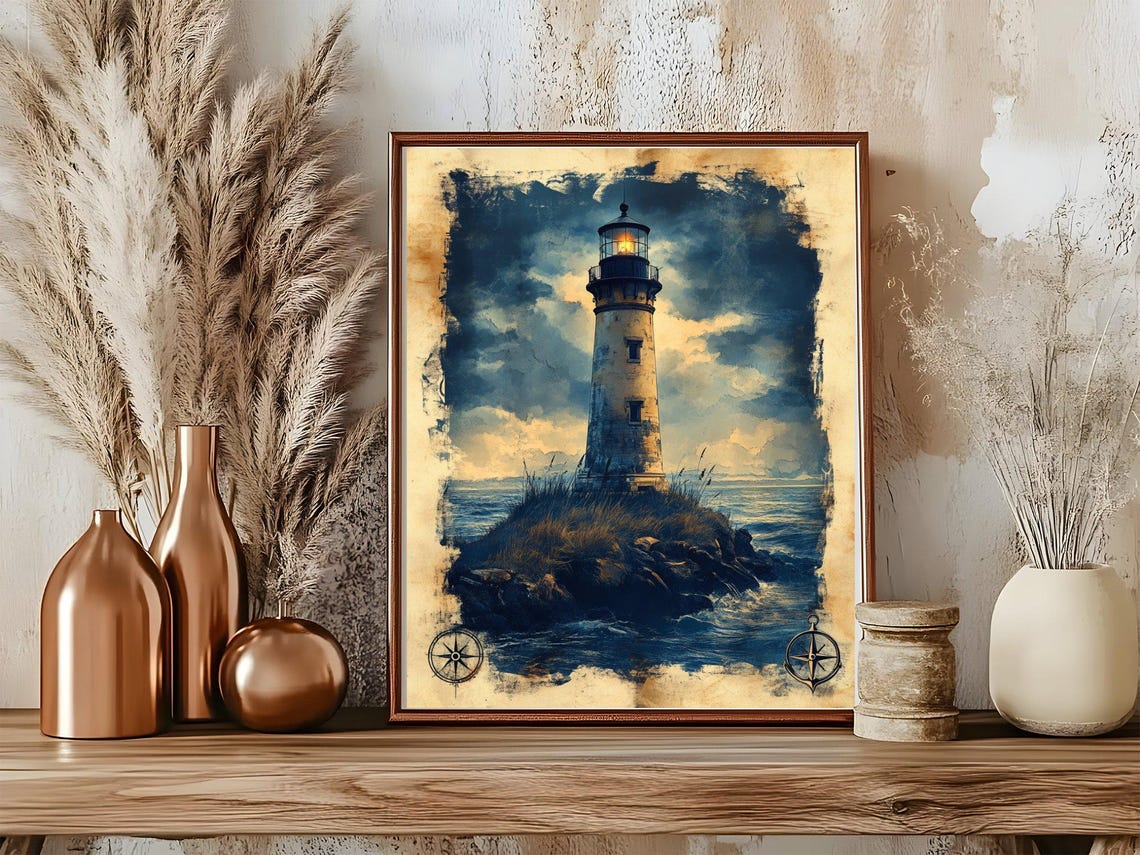 Vintage Lighthouse Wall Art Coastal Nautical Dcor Ocean Seascape Painting Print Maritime Home Art Coastal Wall Hanging - Image 5