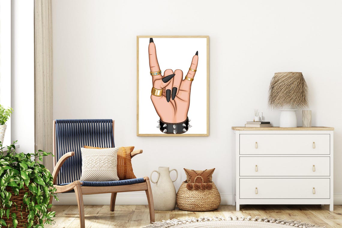 Rock On Hand Gesture With Gold Rings and a Spiked Cuff Poster - Image 4