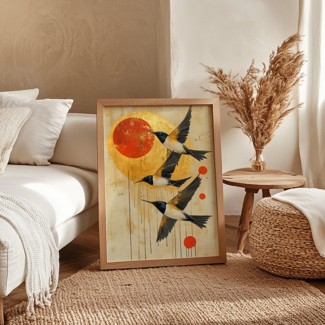 Three Swallows in Flight Poster With Bold Red Sun Japanese Style - Image 4