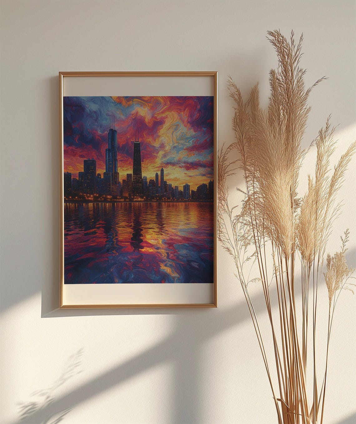 Chicago Skyline Ablaze in Vibrant Sunset Reflection Art Poster - Image 2