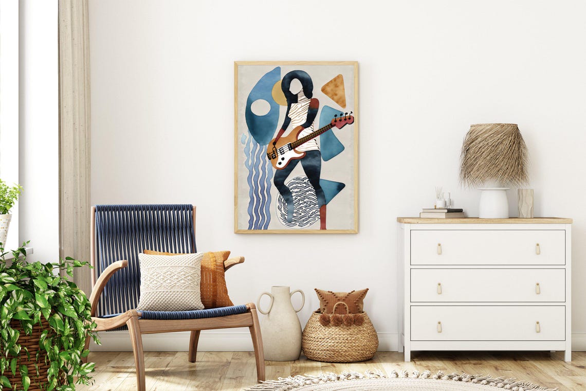 Abstract Watercolor Musician Playing a Bass Guitar Art Poster - Image 3