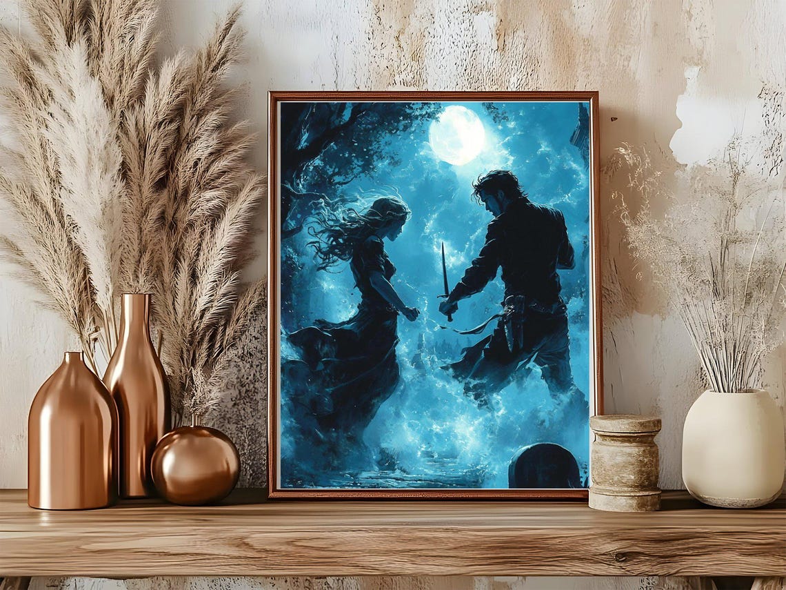 Mystical Moonlit Forest Sword Duel Fantasy Adventure Art Poster - Image 5