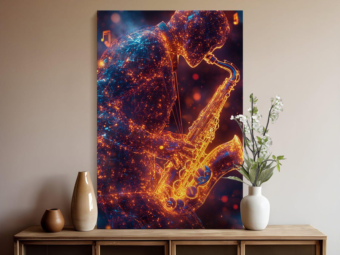 Glowing Particle Saxophonist Playing A Golden Saxophone Wall Art - Image 5