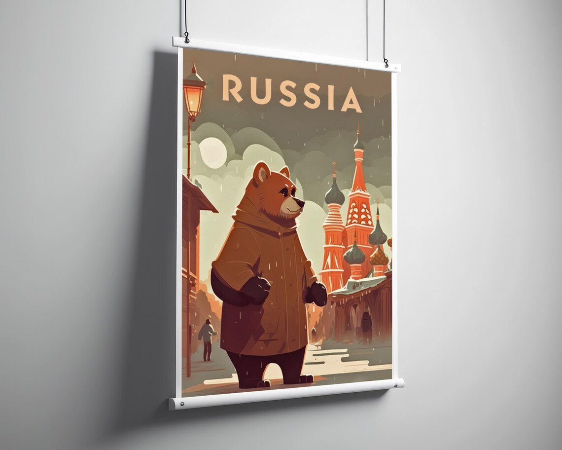 Russia Bear Cartoon St Basils Moscow Cute Snowy Winter Poster - Image 3