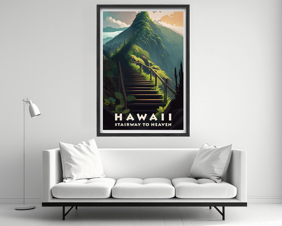 Hawaii Stairway To Heaven Travel Poster Hawaii Stairway To Heaven Wall Art Print Hawaii Painting Illustration Hawaii Watercolor - Image 2