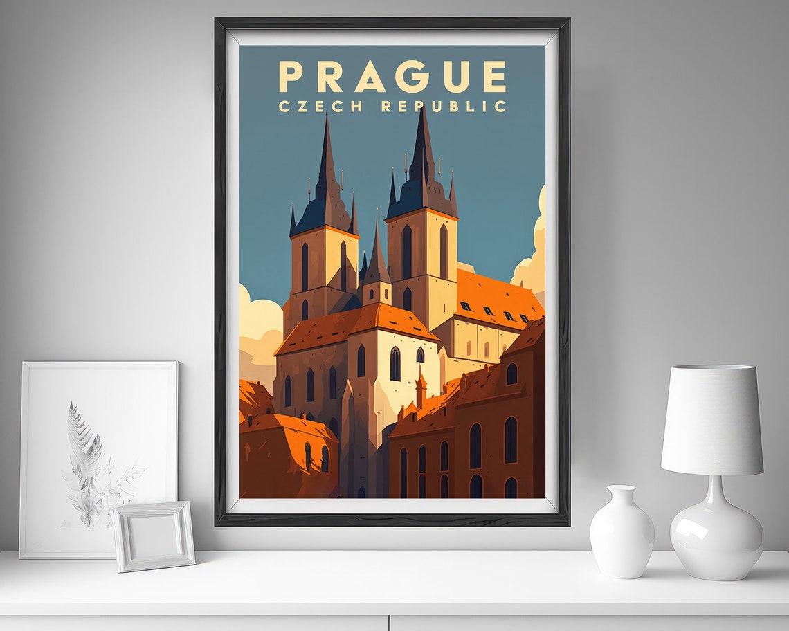 Prague Czech Republic Twin Spires Old Town Retro Travel Poster - Image 4