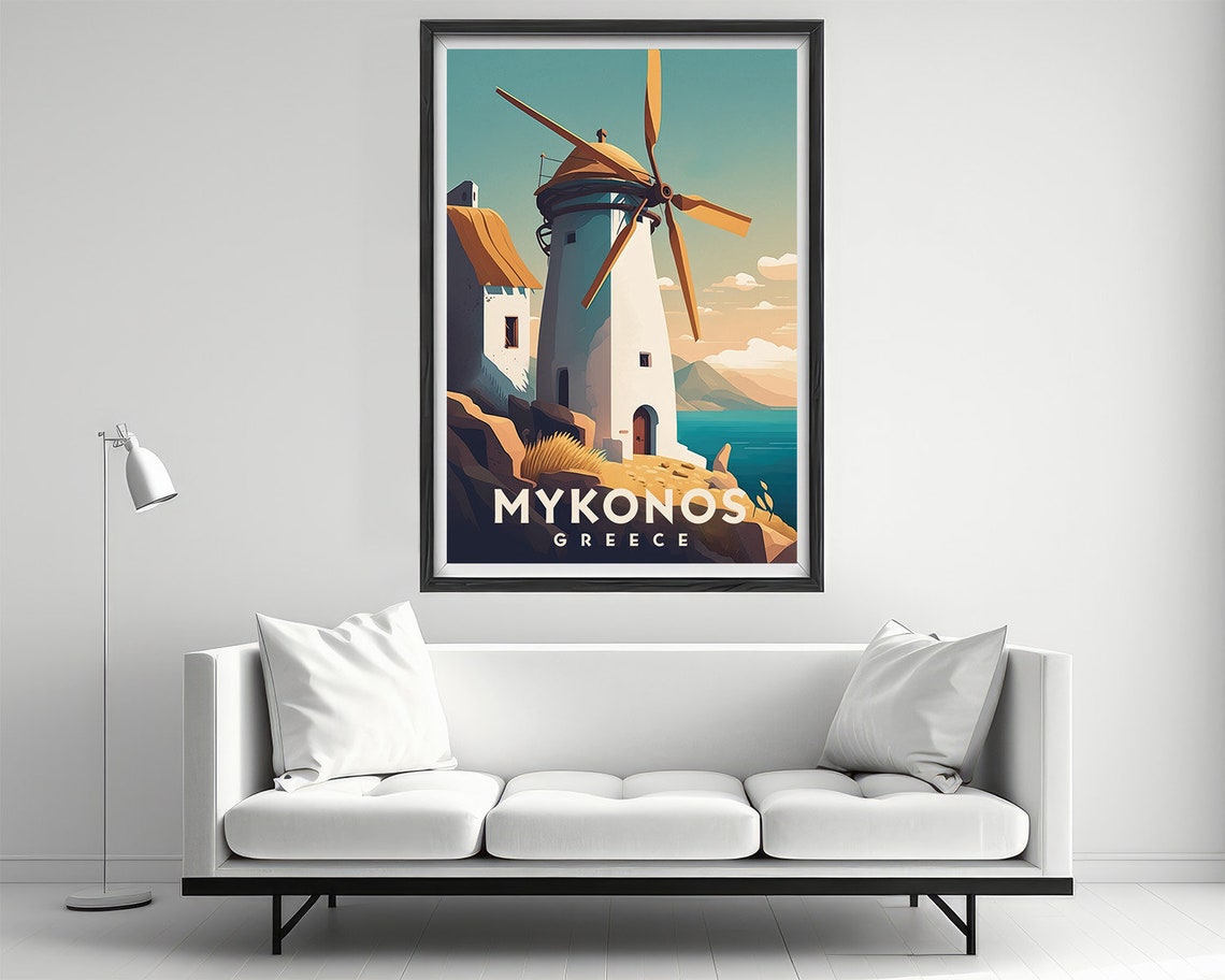 Mykonos Greece Windmill Seaside Sunset Aegean Island Travel Poster - Image 2