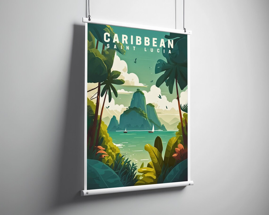 Saint Lucia Caribbean Pitons Sailboats Vintage Travel Poster - Image 3