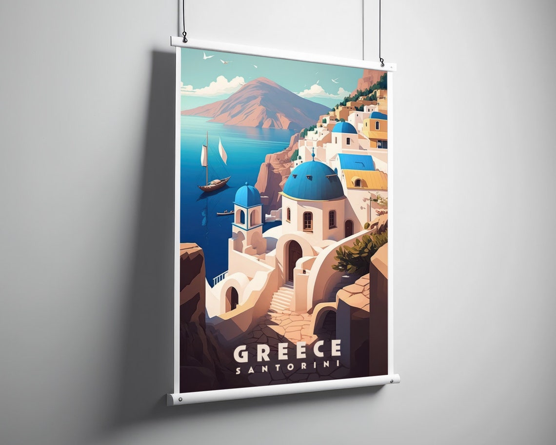 Santorini Greece Blue Dome Churches Aegean Coast Travel Poster - Image 3