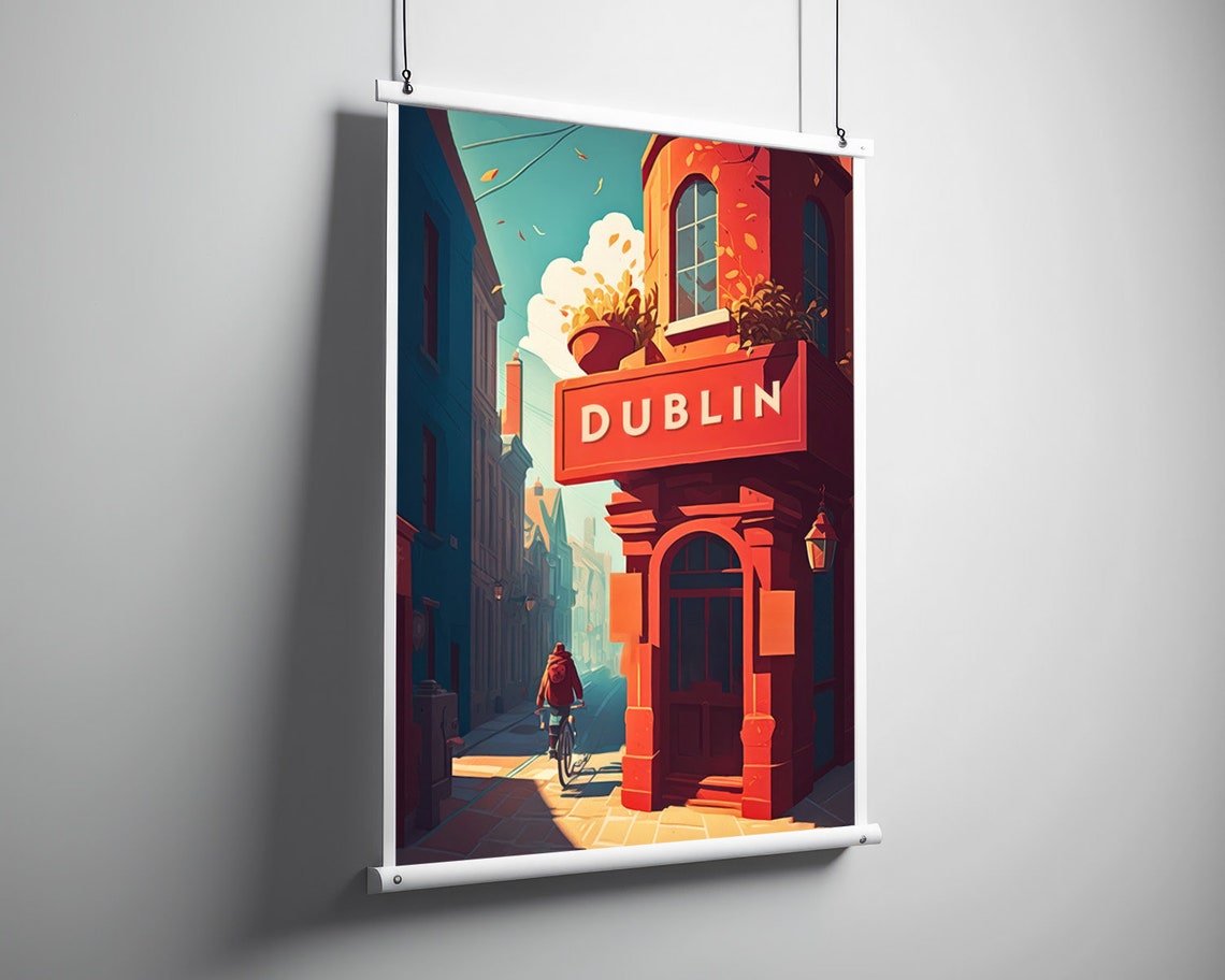 Dublin Ireland Vintage Travel Poster Red Pub Cyclist Street Scene - Image 3