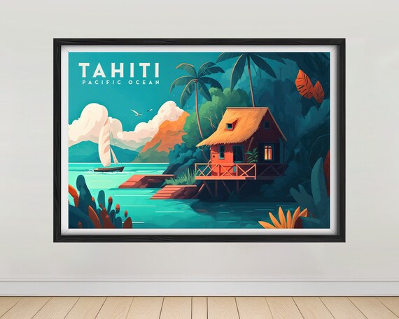 Tahiti Pacific Ocean Overwater Bungalow Sailboat Travel Poster