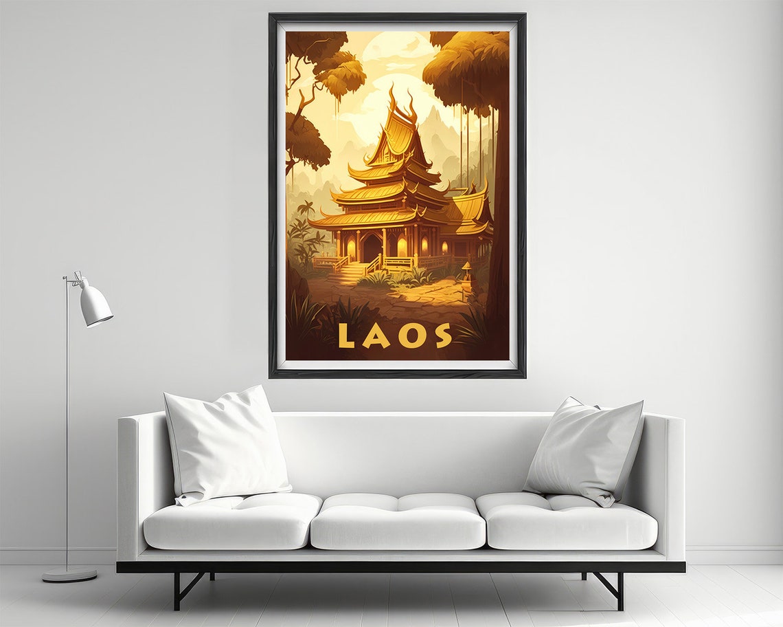 Laos Golden Buddhist Temple Rainforest Jungle Vintage Travel Poster - Image 2