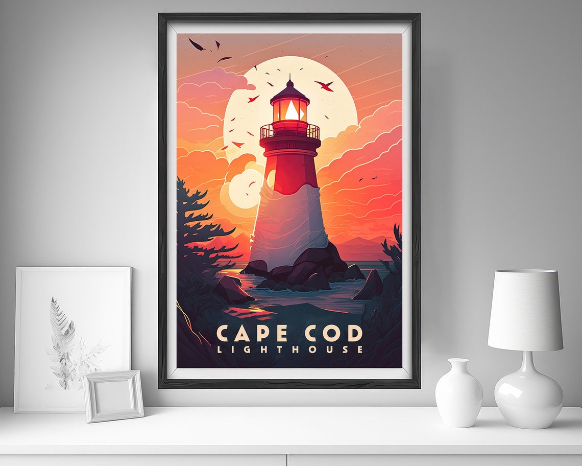 Cape Cod Lighthouse Sunset Seagulls Retro Coastal Travel Poster - Image 4