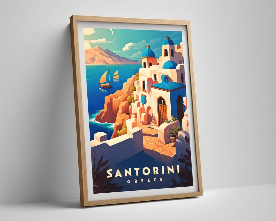 Santorini Greece Vintage Travel Poster Blue Domes Aegean Sea - Image 5