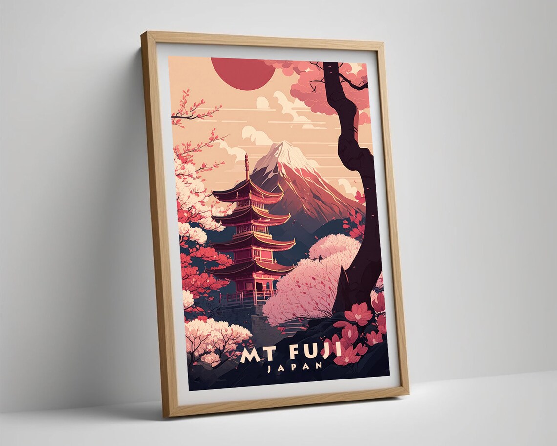 Mt Fuji Japan Cherry Blossom Pagoda Sunrise Retro Travel Poster - Image 5