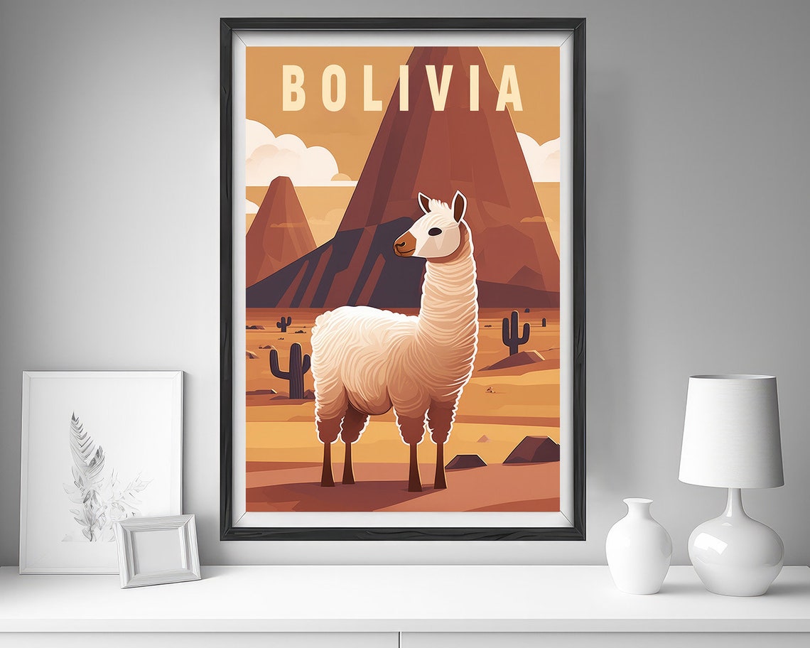 Bolivia Llama Desert Andes Volcano Cactus Vintage Travel Poster - Image 4