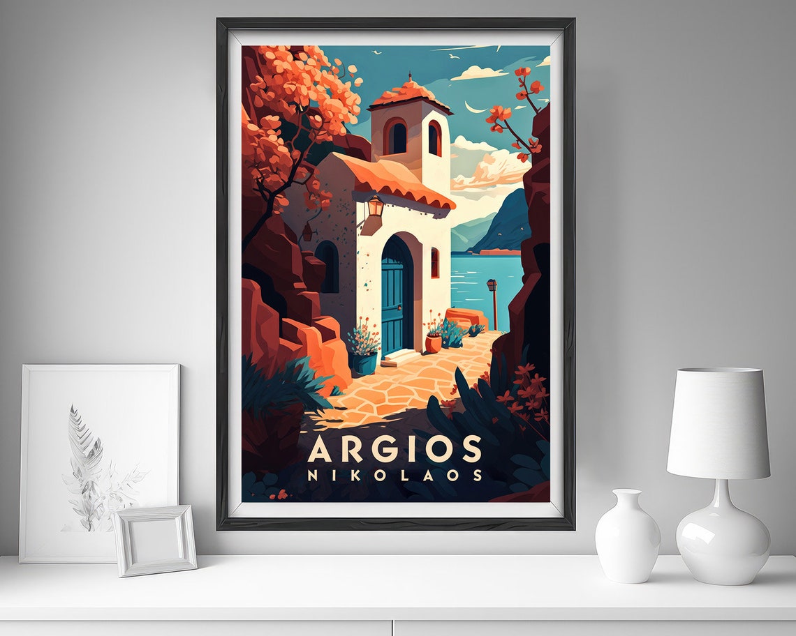 Argios Nikolaos Greece White Chapel Blue Door Seaside Travel Poster - Image 4