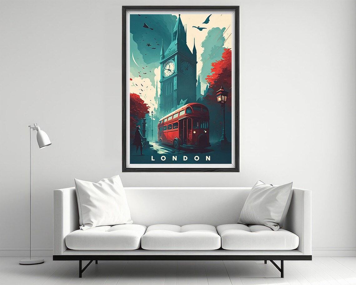 London Big Ben Red Double Decker Bus Gaslight Vintage Travel Poster - Image 2