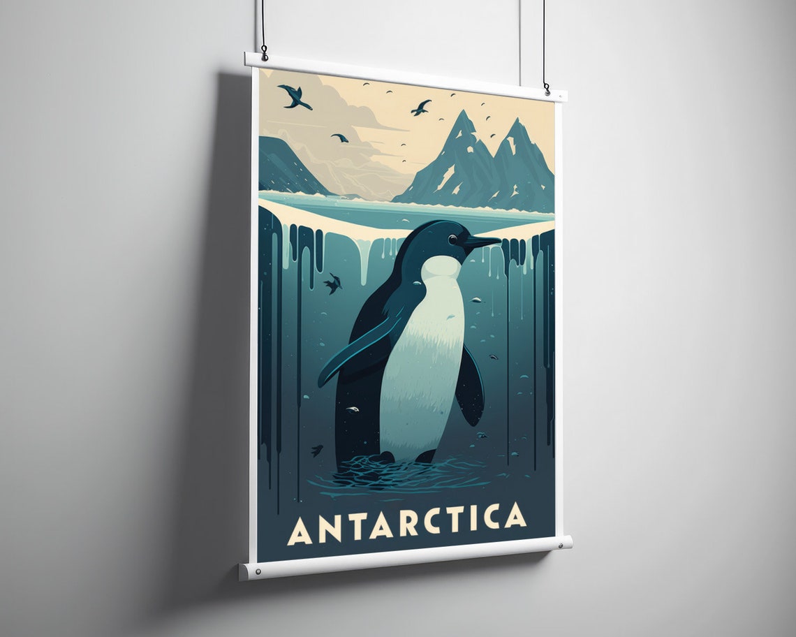 Antarctica Penguin Ice Cliffs Snowy Coast Vintage Travel Poster - Image 3