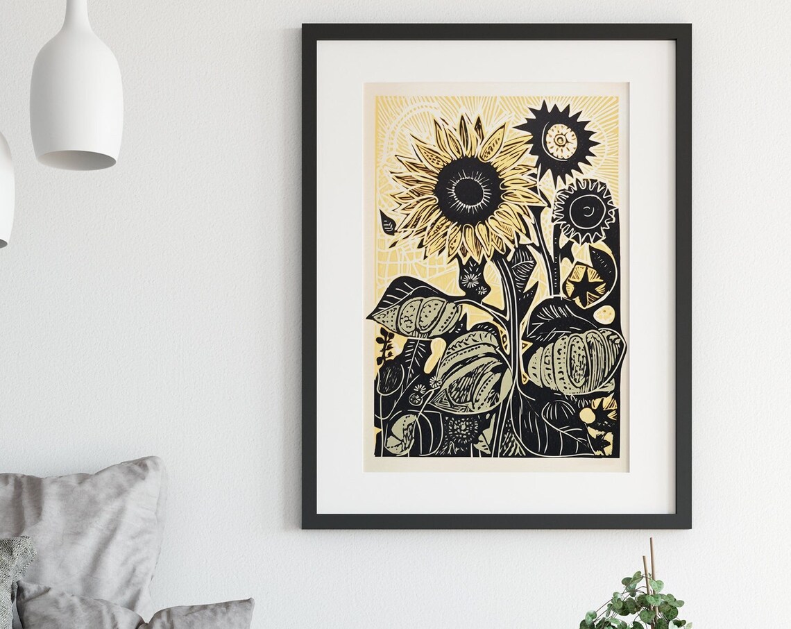 Sunflowers Linocut Bohemian Botanical Art Print