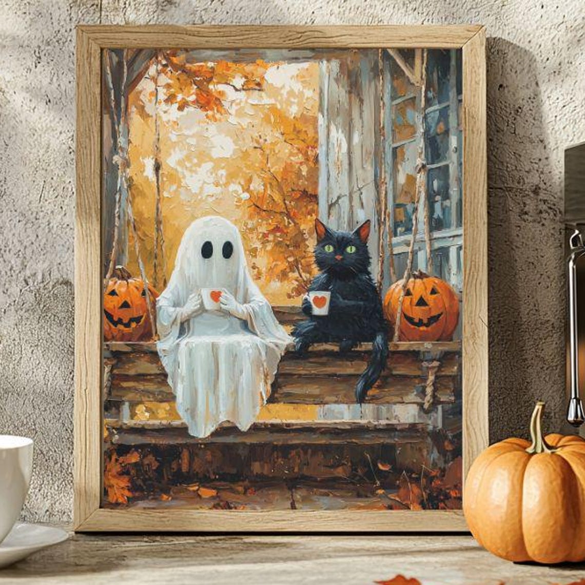 And Black Cat Having Coffee On Porch Swing Poster Spooky Cute Farmhouse Decor Whimsigoth Wall Art Unframed