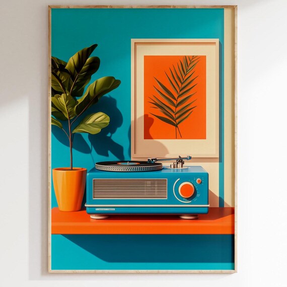 Retro Turquoise Radio Turntable Mid Century Modern Music Room Poster