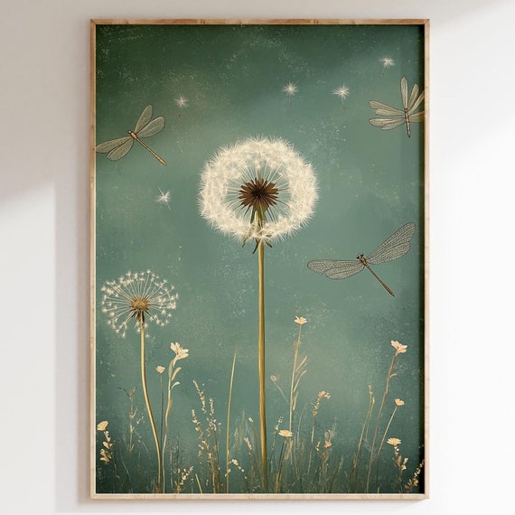 Green Dandelion Vintage Botanical Wall Art Print