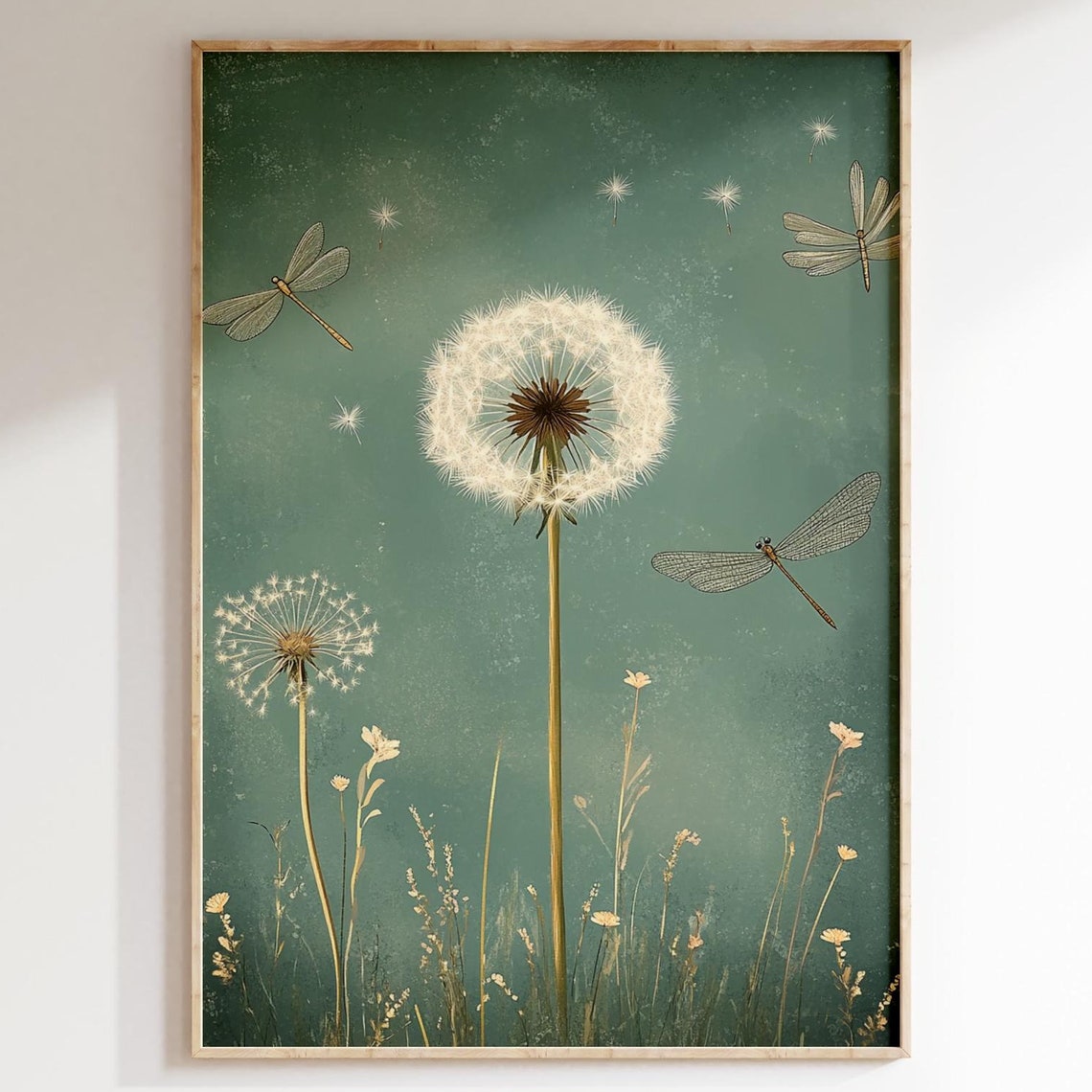 Green Dandelion Vintage Botanical Wall Art Print