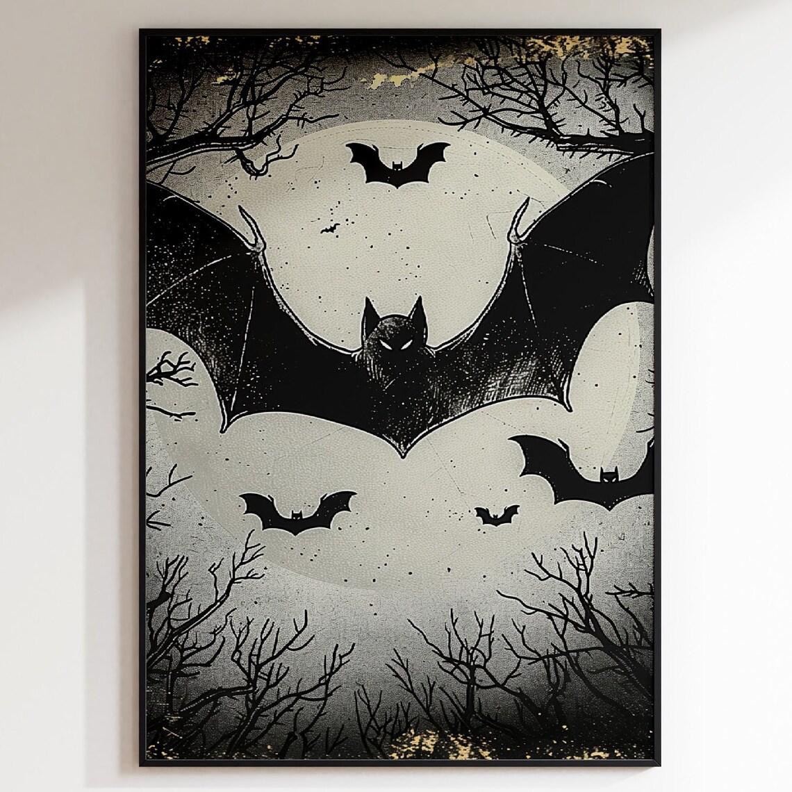 Giant Bat Over Full Moon Vintage Engraving Style Spooky Poster